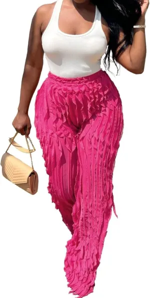 PRIVIMIX Women High Waist Sexy See Through Ruffle Wide Leg Palazzo Pants Stretchy Tassel Long Sheer Mesh Trousers