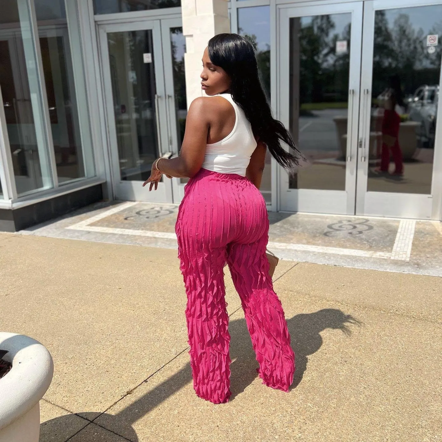 PRIVIMIX Women High Waist Sexy See Through Ruffle Wide Leg Palazzo Pants Stretchy Tassel Long Sheer Mesh Trousers