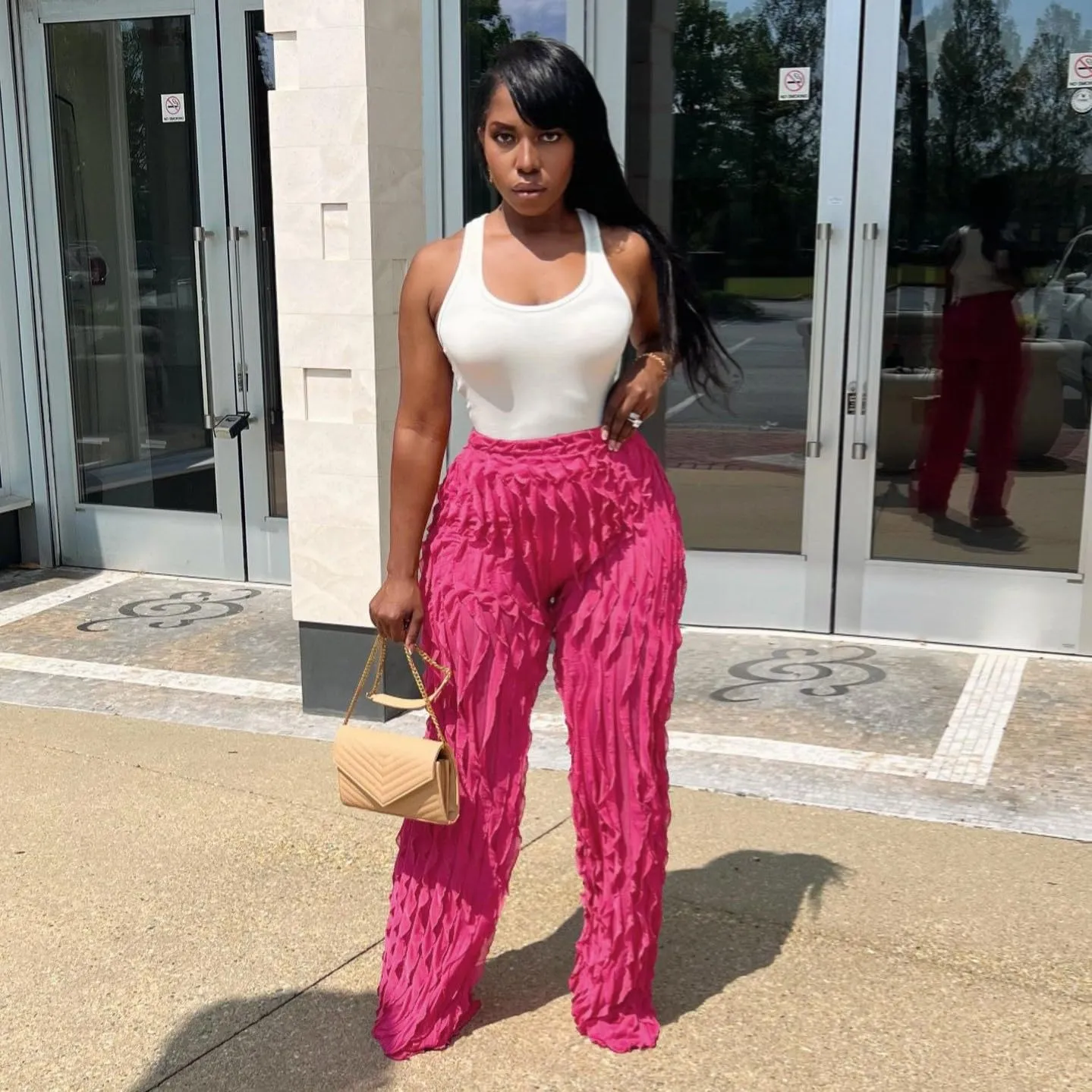 PRIVIMIX Women High Waist Sexy See Through Ruffle Wide Leg Palazzo Pants Stretchy Tassel Long Sheer Mesh Trousers