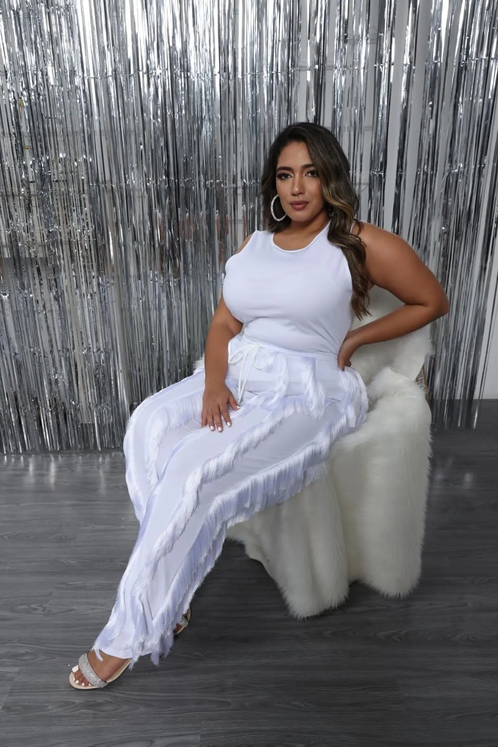 PRIVIMIX Women Plus Size 2 Piece Outfits Fringe Tassel Long Pants Set Sleeveless Tank Tops Clubwear