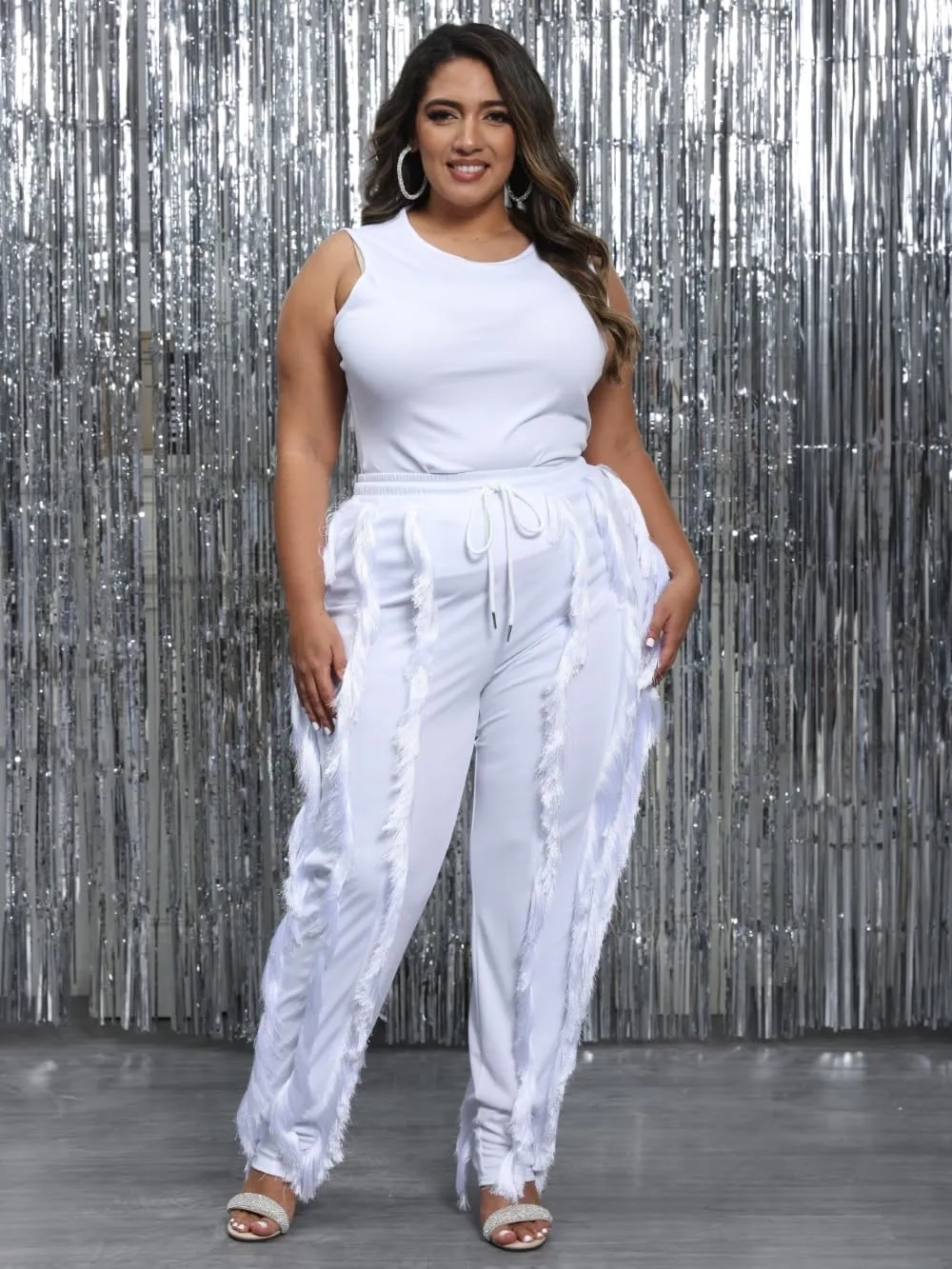 PRIVIMIX Women Plus Size 2 Piece Outfits Fringe Tassel Long Pants Set Sleeveless Tank Tops Clubwear