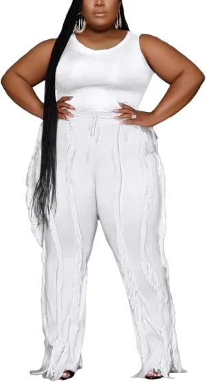 PRIVIMIX Women Plus Size 2 Piece Outfits Fringe Tassel Long Pants Set Sleeveless Tank Tops Clubwear