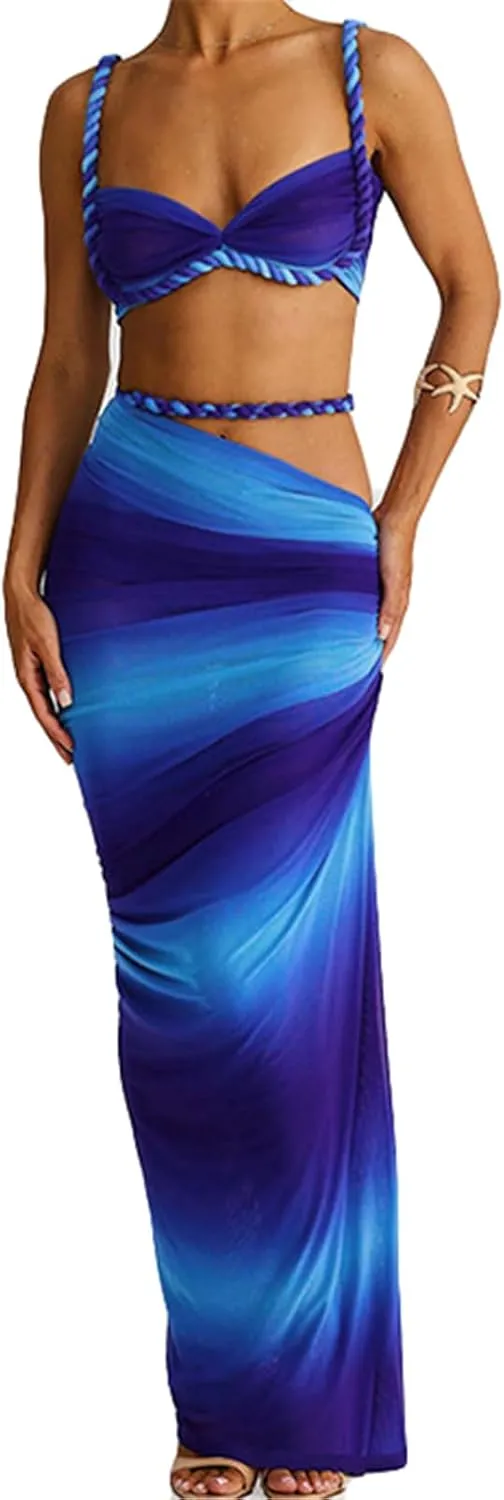 Qikaka Women's 2 PCS Rope Ruffles Tank Tops Bodycon Skirts Sexy Nightclub Party Dress Outfits Set