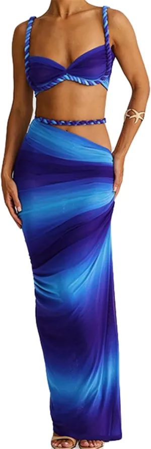 Qikaka Women's 2 PCS Rope Ruffles Tank Tops Bodycon Skirts Sexy Nightclub Party Dress Outfits Set