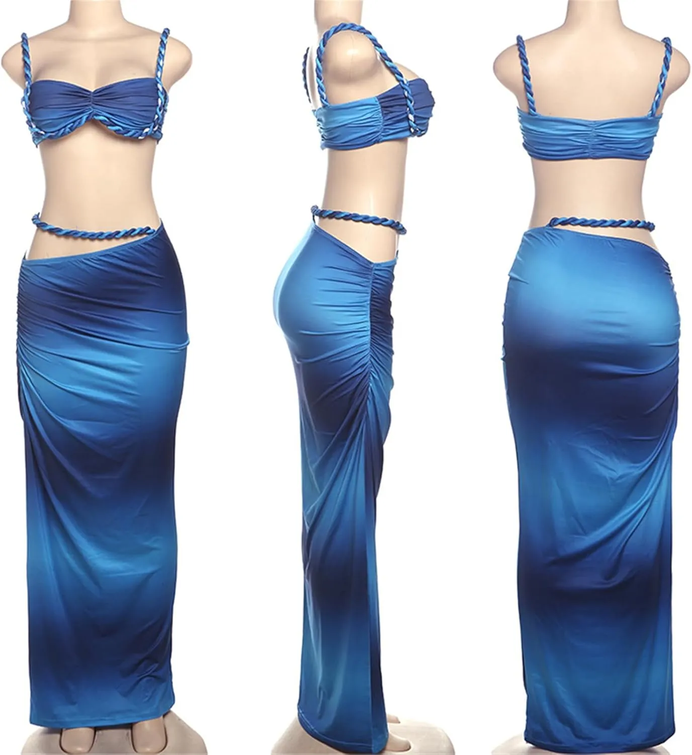Qikaka Women's 2 PCS Rope Ruffles Tank Tops Bodycon Skirts Sexy Nightclub Party Dress Outfits Set