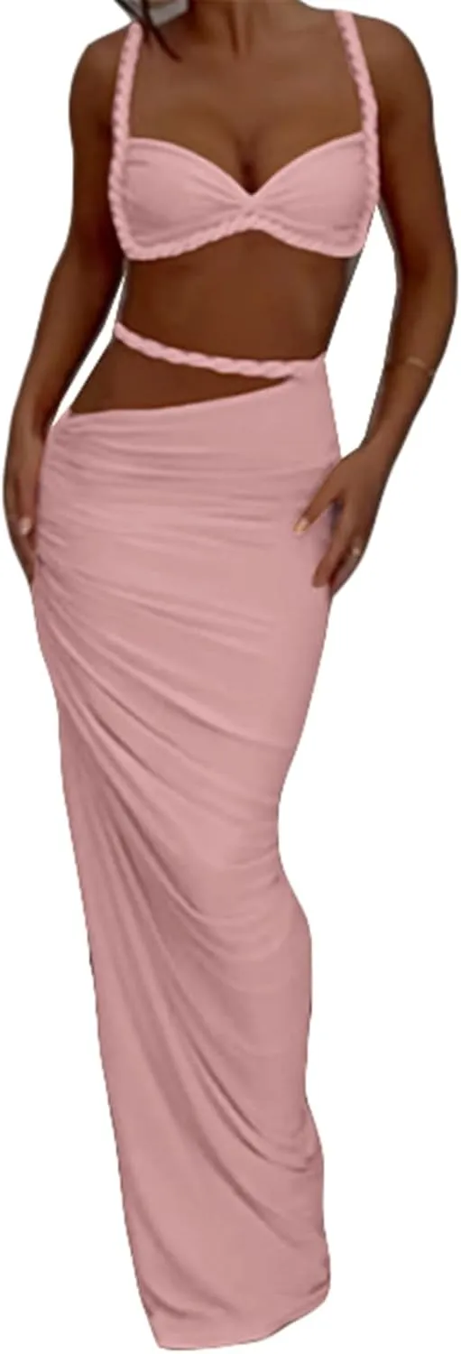 Qikaka Women's 2 PCS Rope Ruffles Tank Tops Bodycon Skirts Sexy Nightclub Party Dress Outfits Set