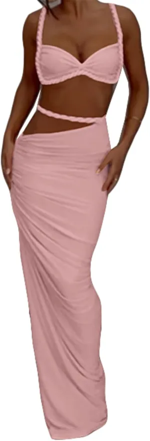 Qikaka Women's 2 PCS Rope Ruffles Tank Tops Bodycon Skirts Sexy Nightclub Party Dress Outfits Set