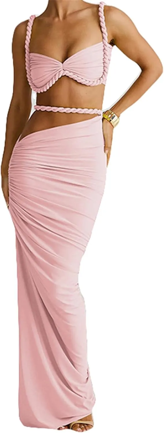 Qikaka Women's 2 PCS Rope Ruffles Tank Tops Bodycon Skirts Sexy Nightclub Party Dress Outfits Set