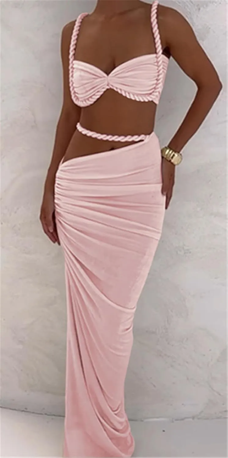 Qikaka Women's 2 PCS Rope Ruffles Tank Tops Bodycon Skirts Sexy Nightclub Party Dress Outfits Set