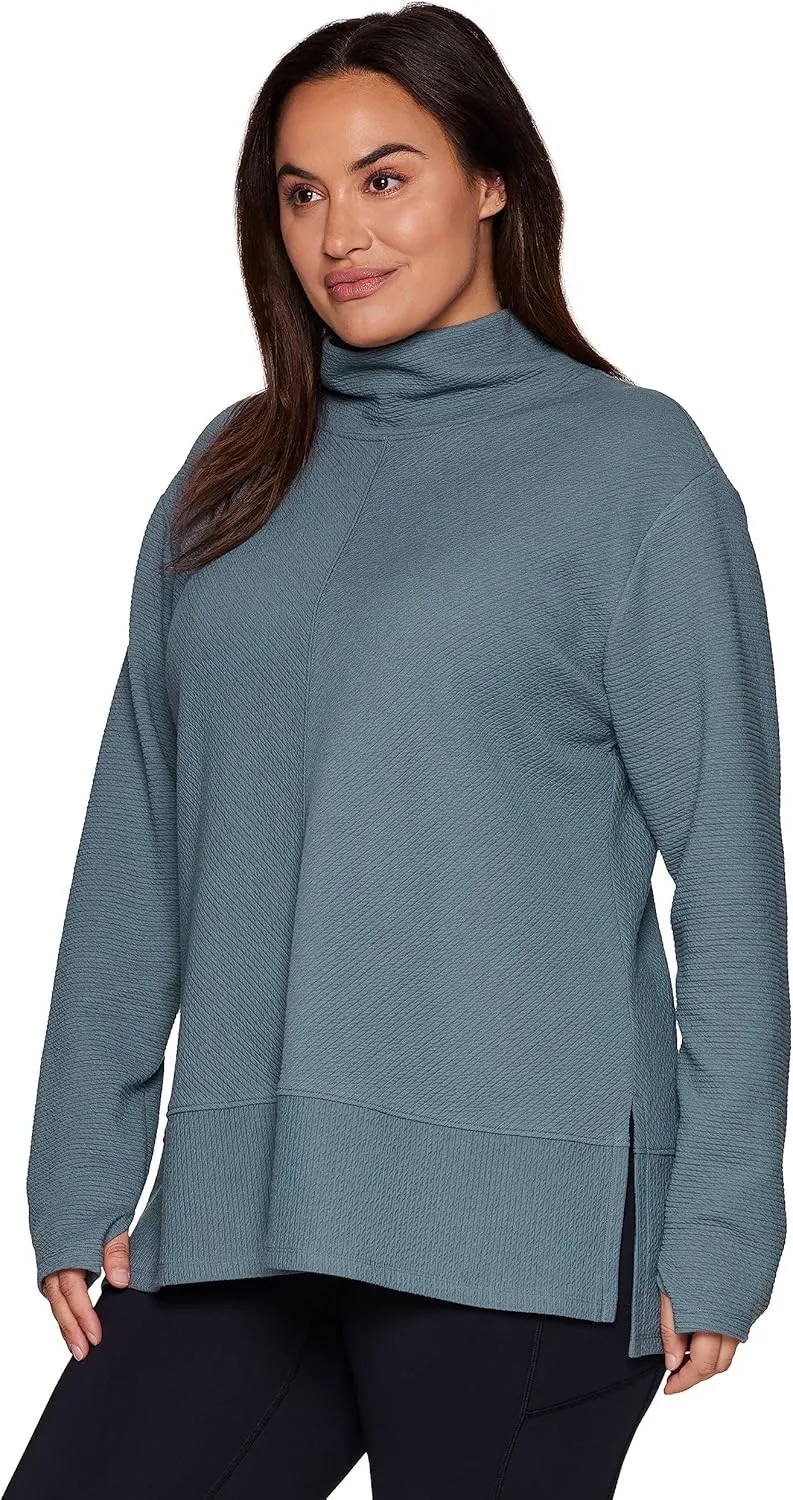 RBX Active Women's Plus Size Ultra Soft Quilted Cowl Neck Pullover Sweater, Lightweight Mock Tunic Sweatshirt with Thumbholes