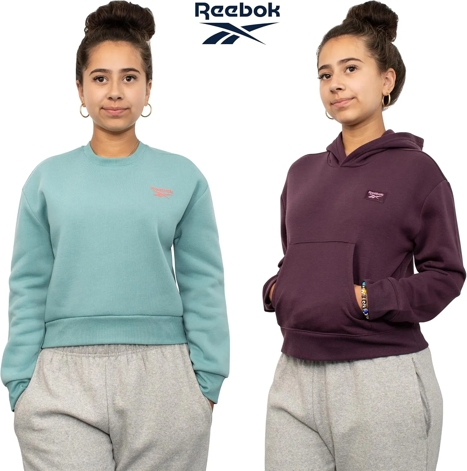 Reebok Girl's Sweatshirt Hoodies 2 Pack Sweatshirts Fashion Hoodie Crewneck Sweaters for Girls Sizes 7-16