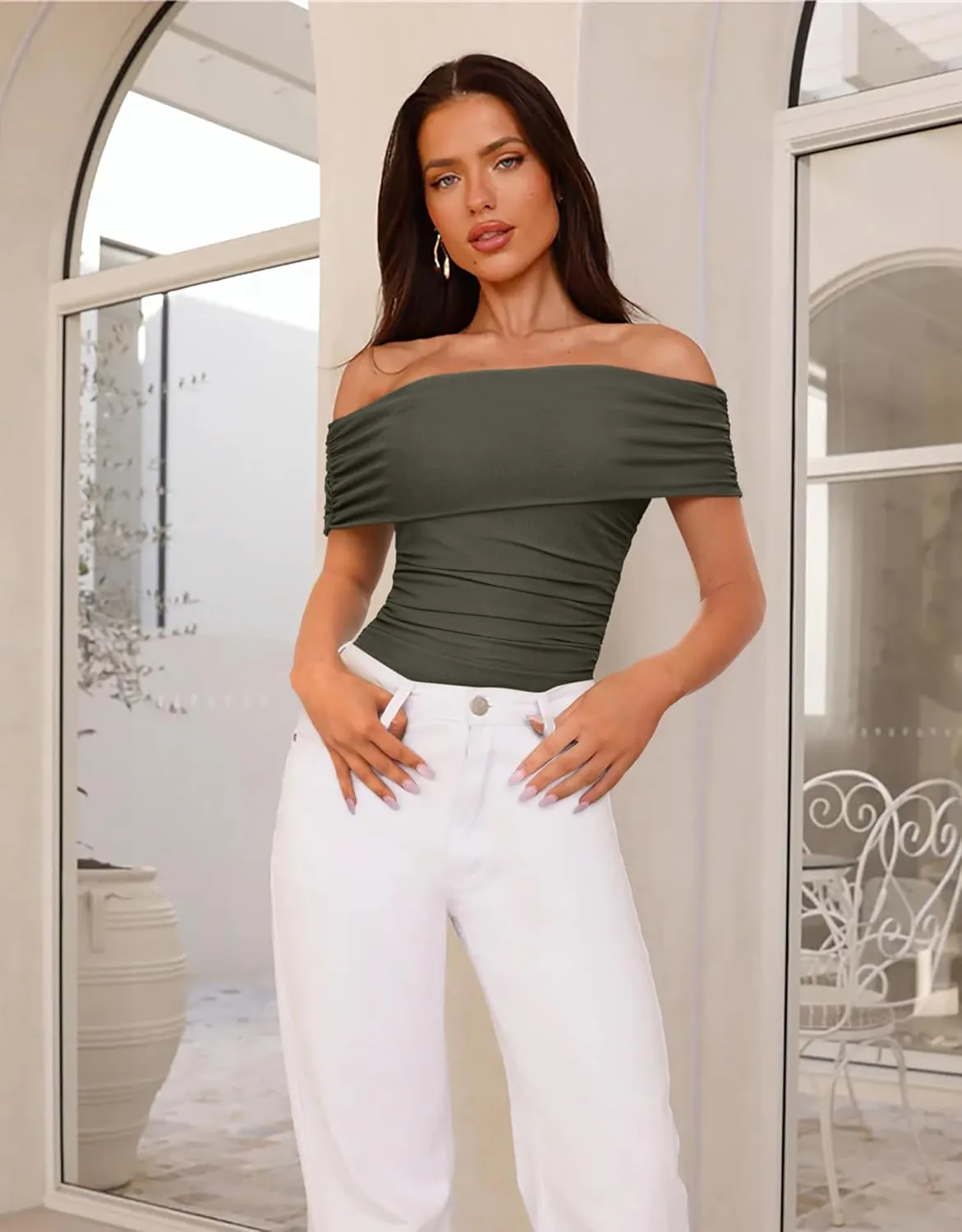 REORIA Womens Bodysuit Sexy Off Shoulder Mesh Leotard Thong Body Suits Outfits for Going Out Tops