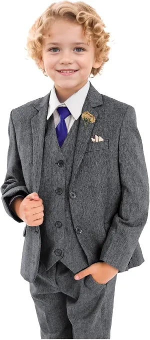 Retro Boys Slim Suits Tweed Herringbone Suit 3 Piece Formal Kids Wedding Ring Bearer Outfits Tuxedos Jacket Vest Pants
