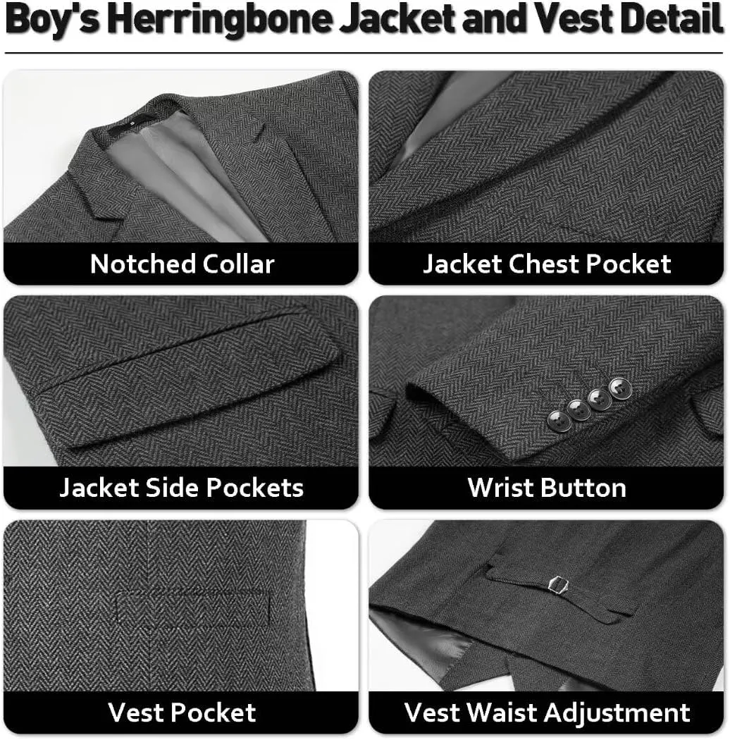 Retro Boys Slim Suits Tweed Herringbone Suit 3 Piece Formal Kids Wedding Ring Bearer Outfits Tuxedos Jacket Vest Pants
