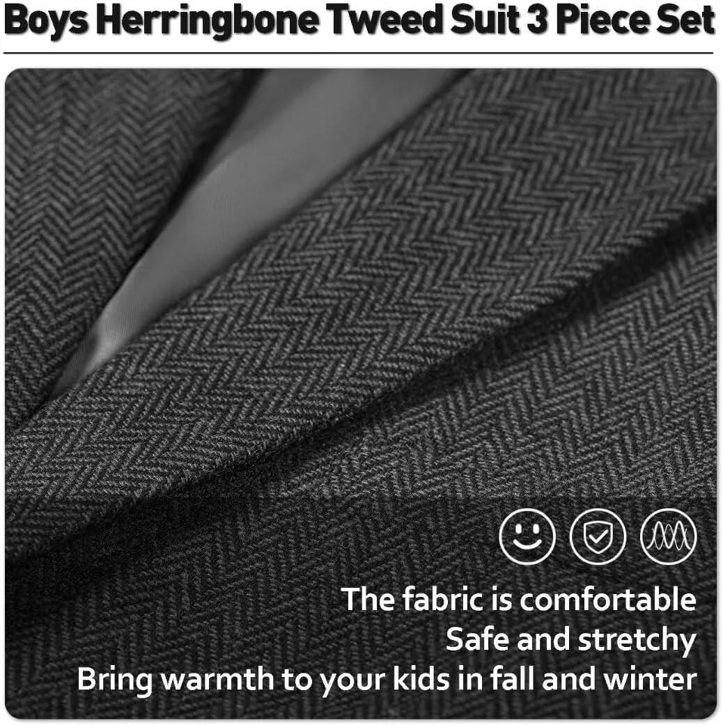 Retro Boys Slim Suits Tweed Herringbone Suit 3 Piece Formal Kids Wedding Ring Bearer Outfits Tuxedos Jacket Vest Pants