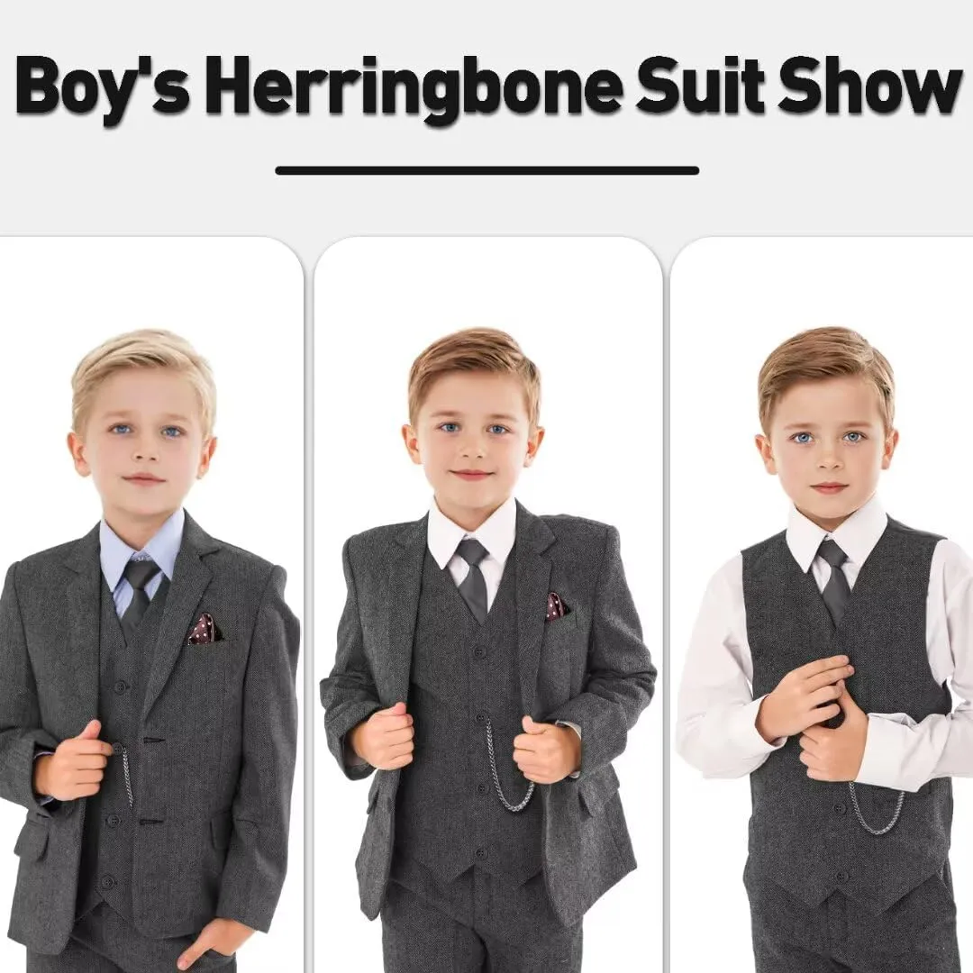 Retro Boys Slim Suits Tweed Herringbone Suit 3 Piece Formal Kids Wedding Ring Bearer Outfits Tuxedos Jacket Vest Pants