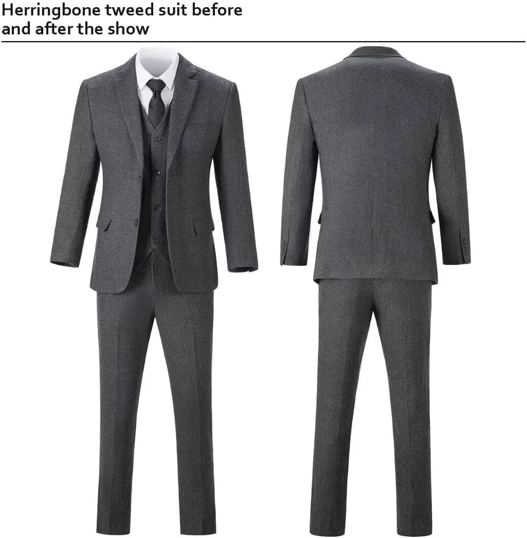 Retro Boys Slim Suits Tweed Herringbone Suit 3 Piece Formal Kids Wedding Ring Bearer Outfits Tuxedos Jacket Vest Pants