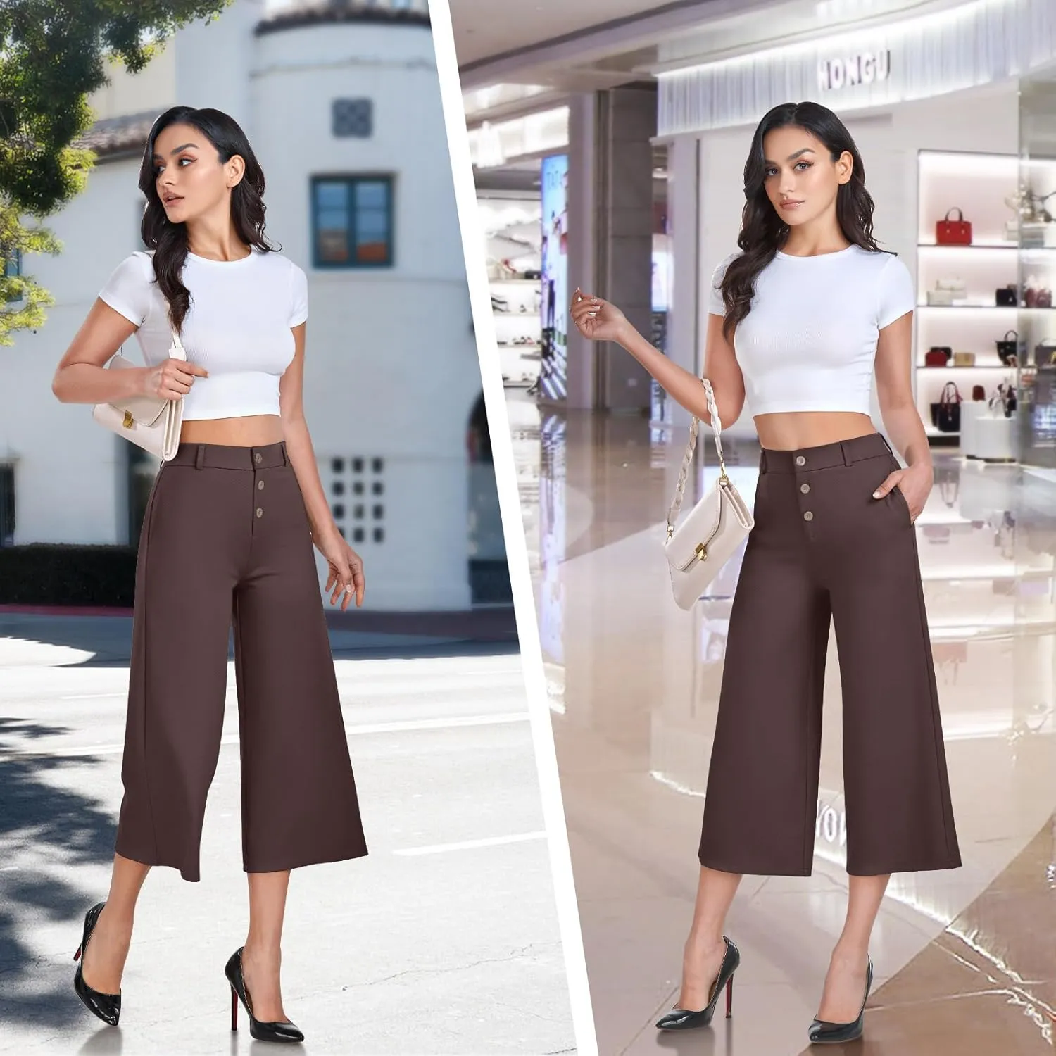 RIMLESS 7 Wide Leg Pants for Women Fashion Twill Cropped Trousers Business Casual Dress Pants Stretch Capris Work Slacks