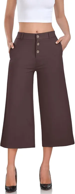RIMLESS 7 Wide Leg Pants for Women Fashion Twill Cropped Trousers Business Casual Dress Pants Stretch Capris Work Slacks