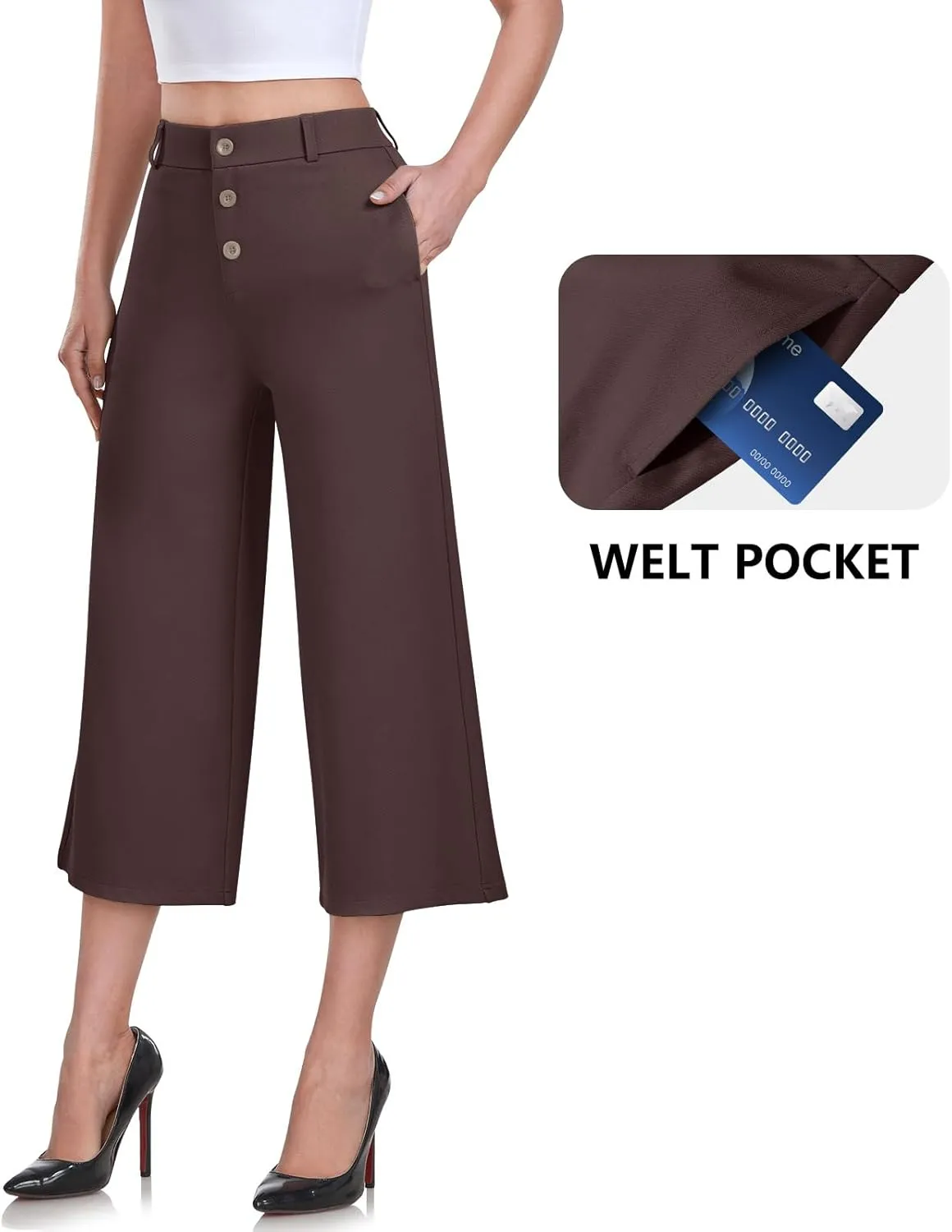 RIMLESS 7 Wide Leg Pants for Women Fashion Twill Cropped Trousers Business Casual Dress Pants Stretch Capris Work Slacks