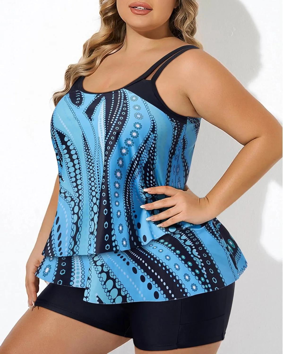 RXRXCOCO Women Plus Size Tankini Swimsuits Ruffle Tummy Control 2 Piece Bathing Suits with Shorts