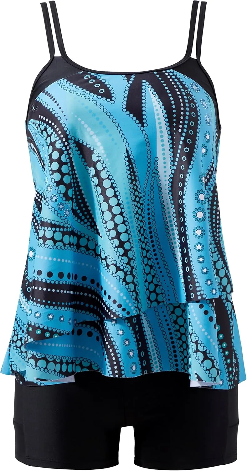 RXRXCOCO Women Plus Size Tankini Swimsuits Ruffle Tummy Control 2 Piece Bathing Suits with Shorts