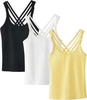 SEAUR 3 Pieces Girls Dance Tank Tops Twist Sleeve Racerback Camisole Ballet Undershirts Cotton Crop Top