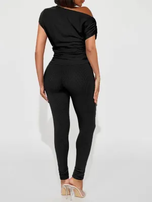 Sexy 2 Piece Outfits for Women One Off Shoulder Tops Ribbed Pant Set Tracksuit Clubwear