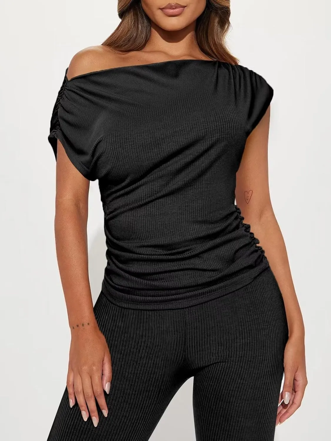 Sexy 2 Piece Outfits for Women One Off Shoulder Tops Ribbed Pant Set Tracksuit Clubwear