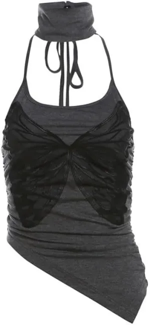 Sexy Strappy Neck Camisole Vest Neckless Tank Tops for Women Lace Decoration Backless Nightclub Top(M)