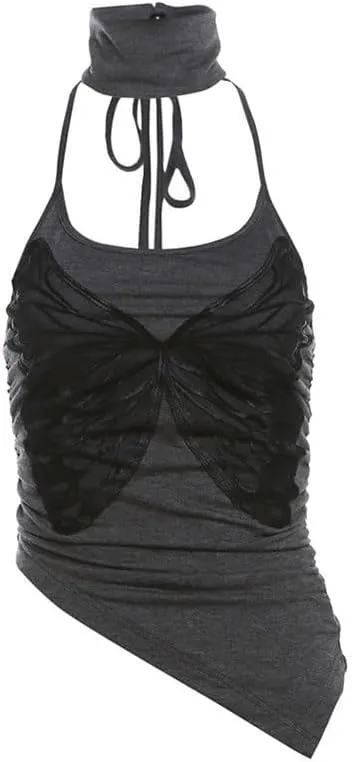 Sexy Strappy Neck Camisole Vest Neckless Tank Tops for Women Lace Decoration Backless Nightclub Top(M)