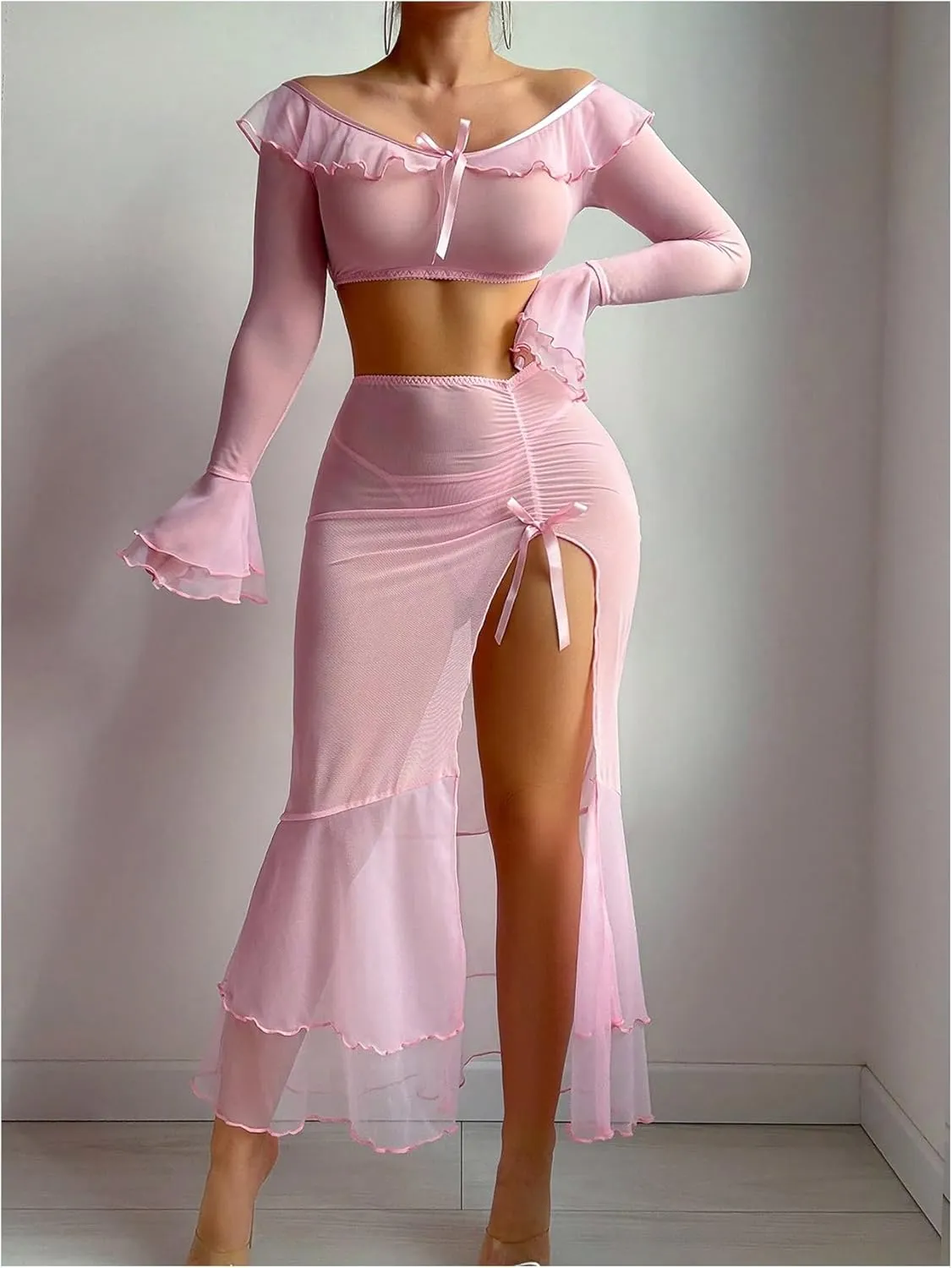 SHENHE Women's 3 Piece Mesh Sheer Lingerie Set Off Shoulder Crop Tops Maxi Skirt Set with Thong