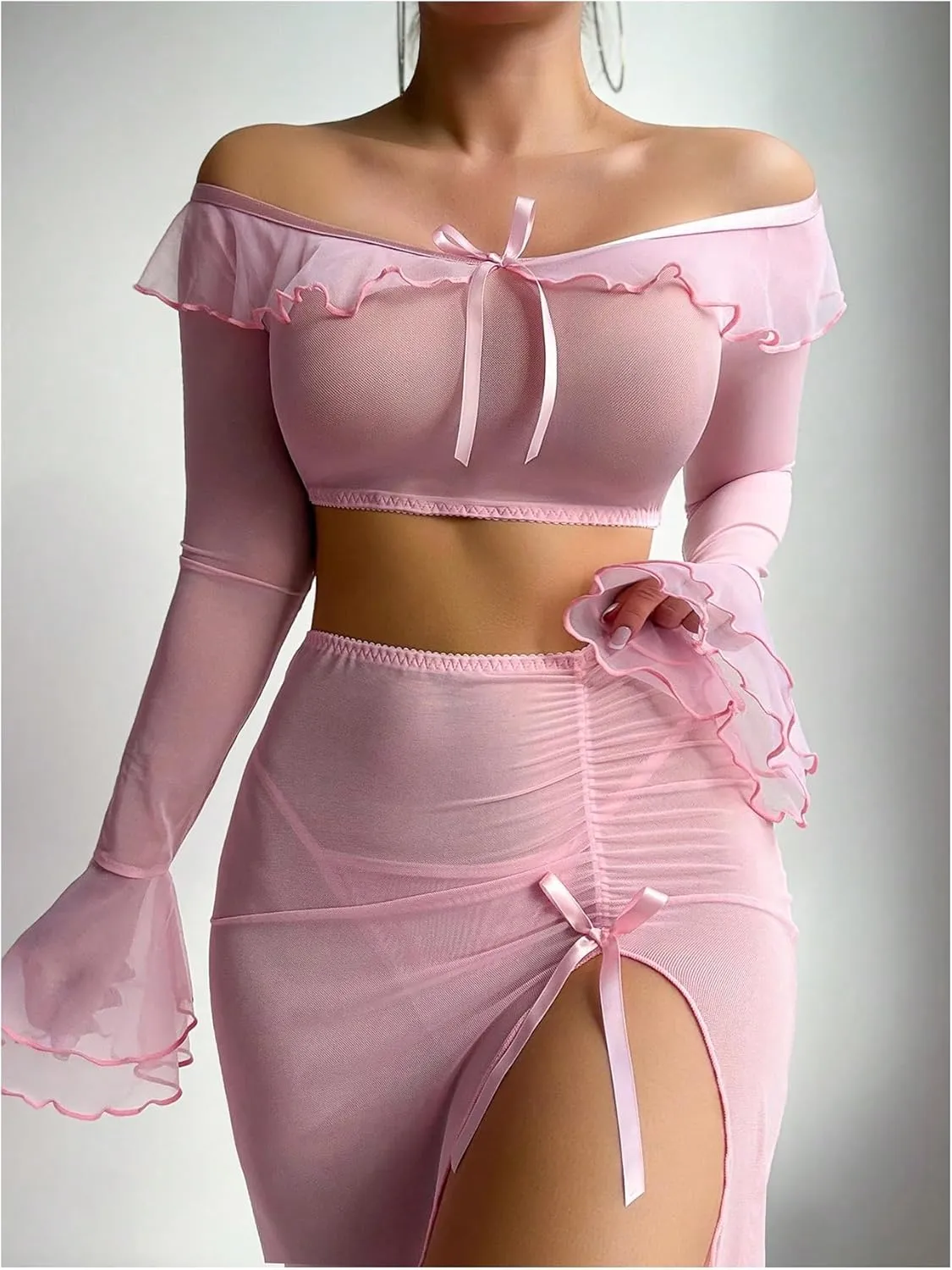 SHENHE Women's 3 Piece Mesh Sheer Lingerie Set Off Shoulder Crop Tops Maxi Skirt Set with Thong