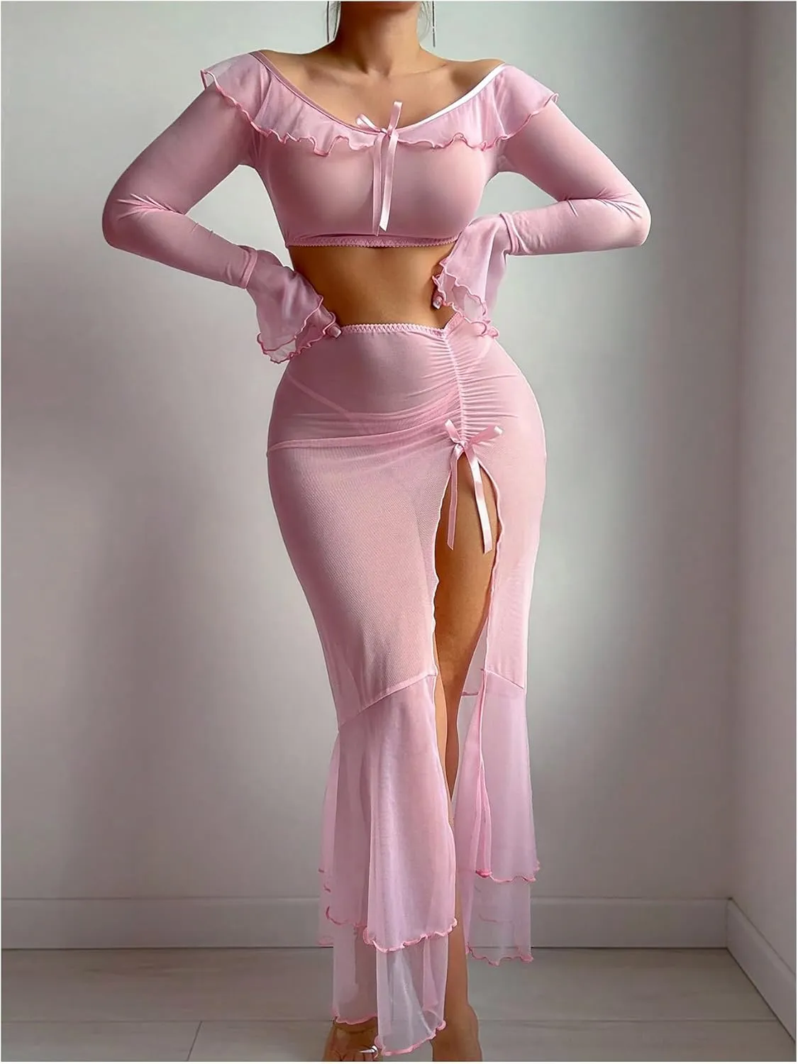 SHENHE Women's 3 Piece Mesh Sheer Lingerie Set Off Shoulder Crop Tops Maxi Skirt Set with Thong