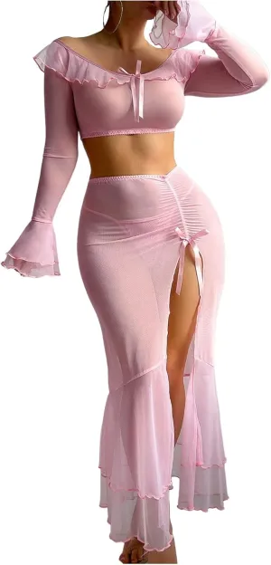 SHENHE Women's 3 Piece Mesh Sheer Lingerie Set Off Shoulder Crop Tops Maxi Skirt Set with Thong