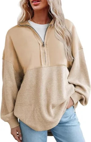 SHEWIN Womens Sweatshirt Casual Waffle Knit Half Zip Pullover Loose Long Sleeve Tops Fall Outfit Clothes 2025