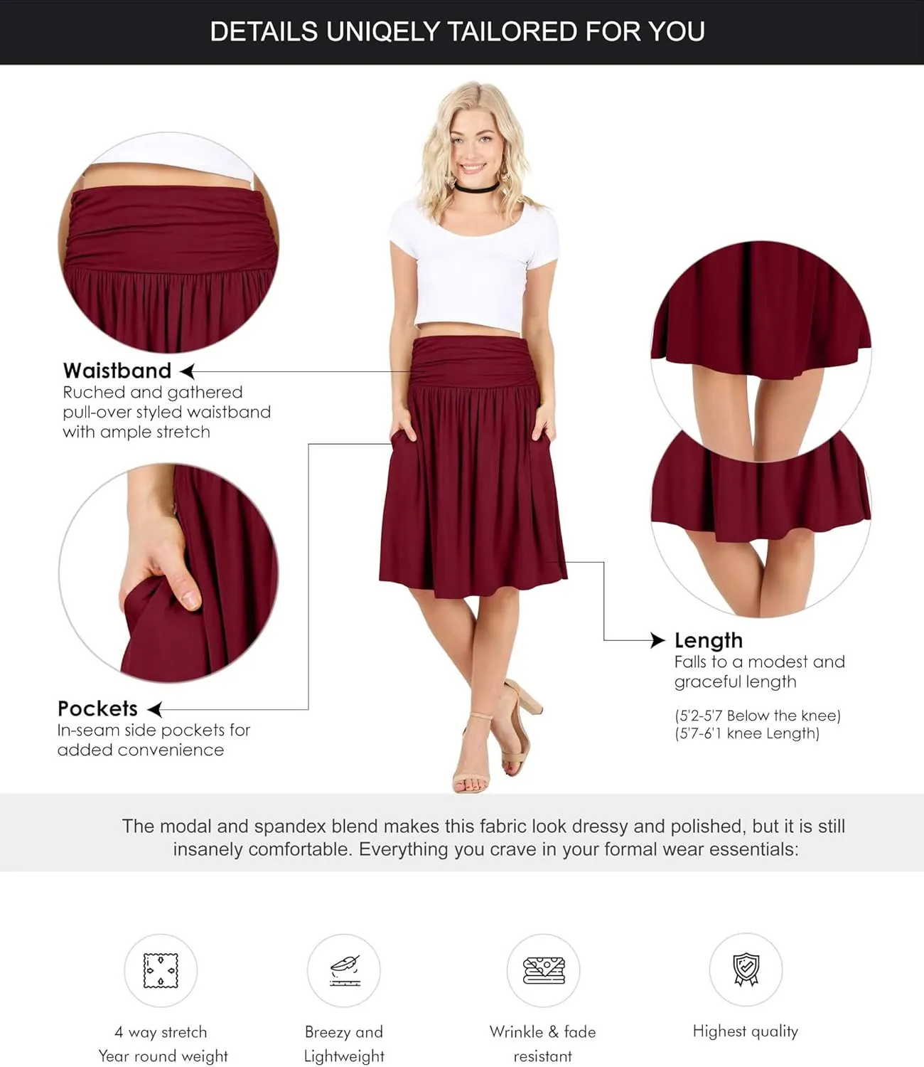 Simlu Skirts for Women Regular and Plus Size Skirt with Pockets Below The Knee Length Ruched Flowy Midi Skirt
