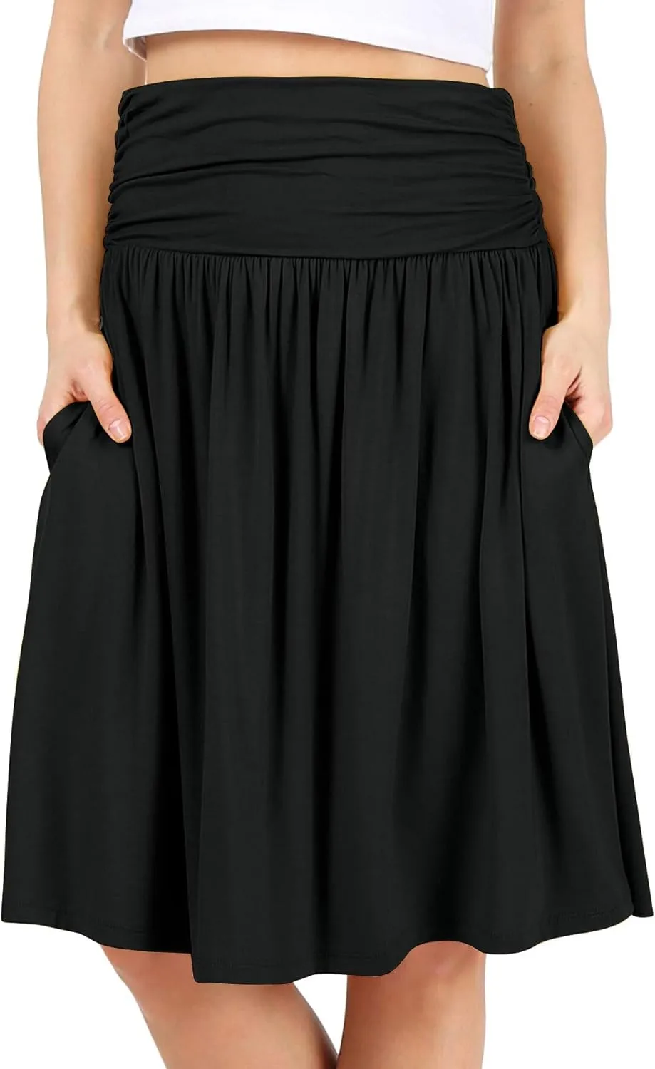 Simlu Skirts for Women Regular and Plus Size Skirt with Pockets Below The Knee Length Ruched Flowy Midi Skirt