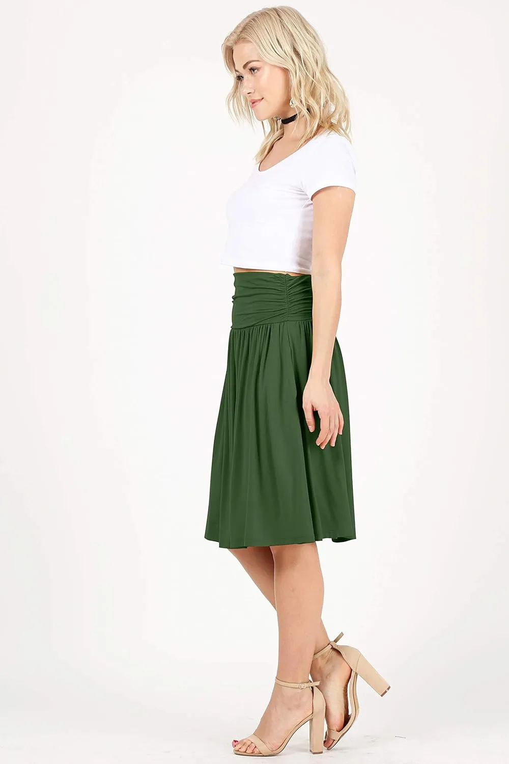 Simlu Skirts for Women Regular and Plus Size Skirt with Pockets Below The Knee Length Ruched Flowy Midi Skirt