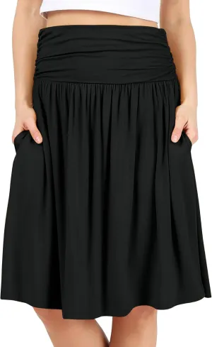 Simlu Skirts for Women Regular and Plus Size Skirt with Pockets Below The Knee Length Ruched Flowy Midi Skirt