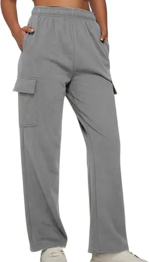 SMIDOW Cargo Pants for Women Baggy High Waist Straight Wide Leg Workout Running Jogger Pants Elastic Waist Lounge Trousers