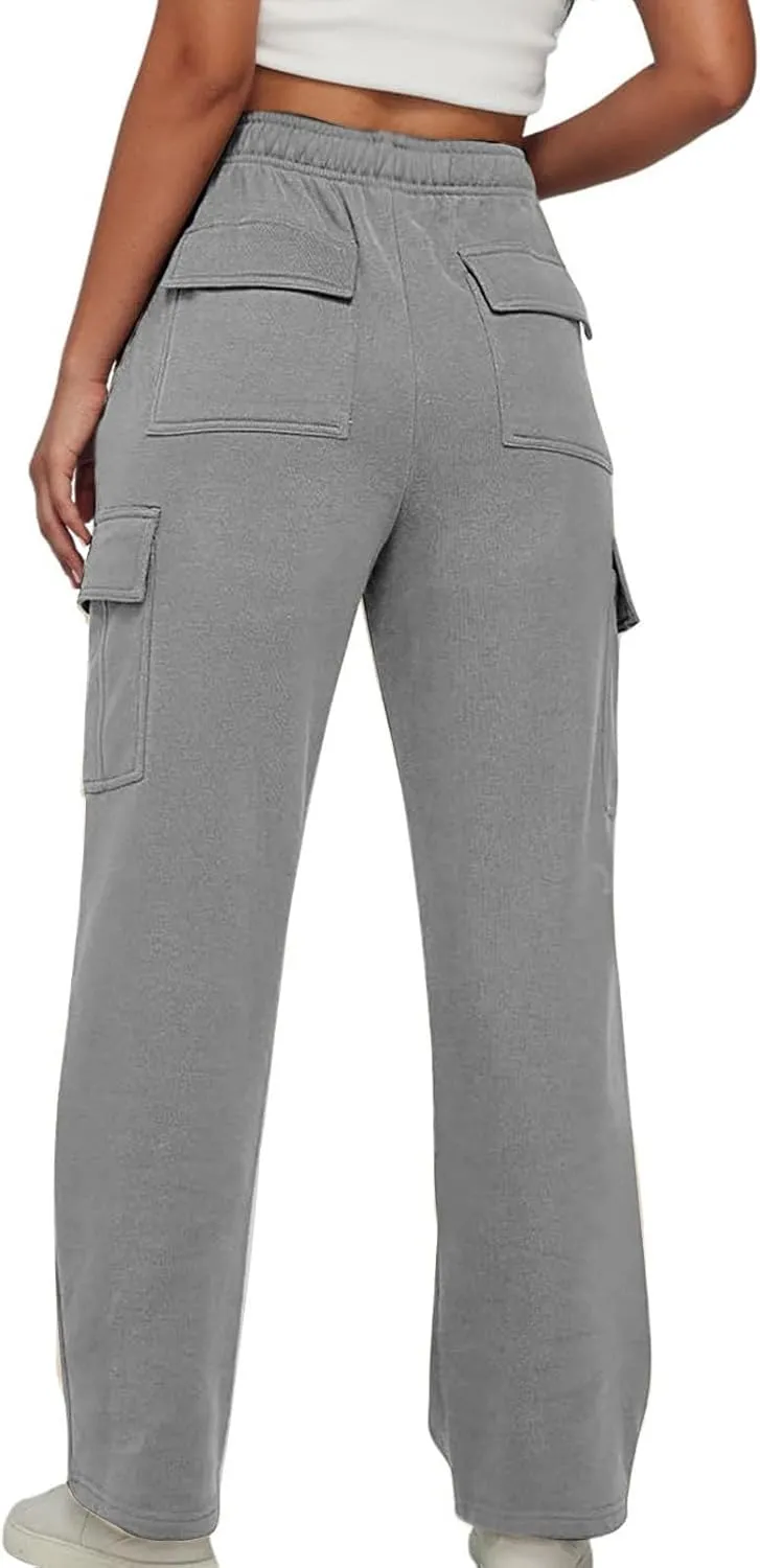 SMIDOW Cargo Pants for Women Baggy High Waist Straight Wide Leg Workout Running Jogger Pants Elastic Waist Lounge Trousers