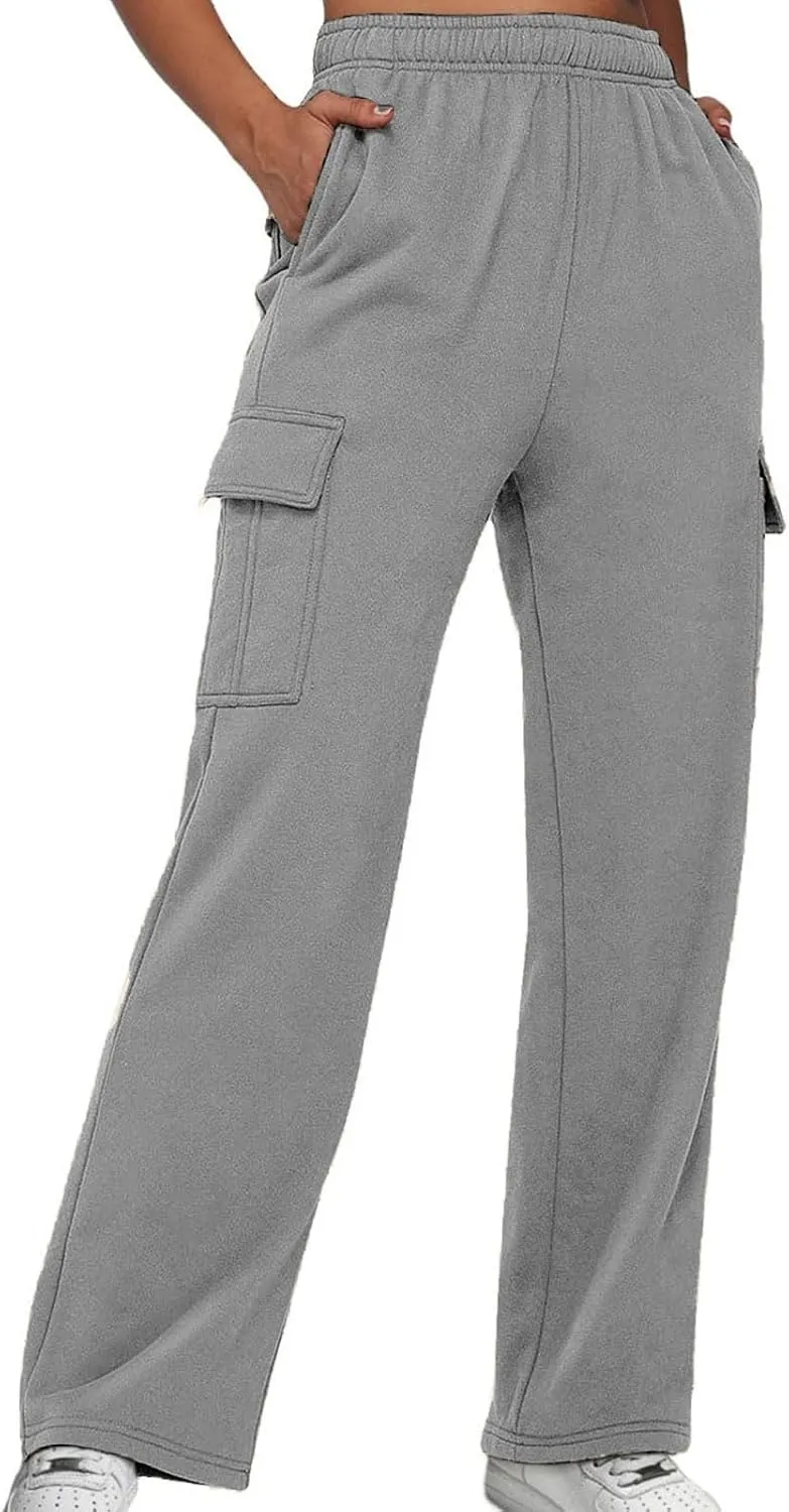 SMIDOW Cargo Pants for Women Baggy High Waist Straight Wide Leg Workout Running Jogger Pants Elastic Waist Lounge Trousers