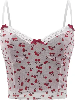 SOLY HUX Women's Cherry Print V Neck Summer Cami Top Bow Lace Trim Sleeveless Summer Crop Tops