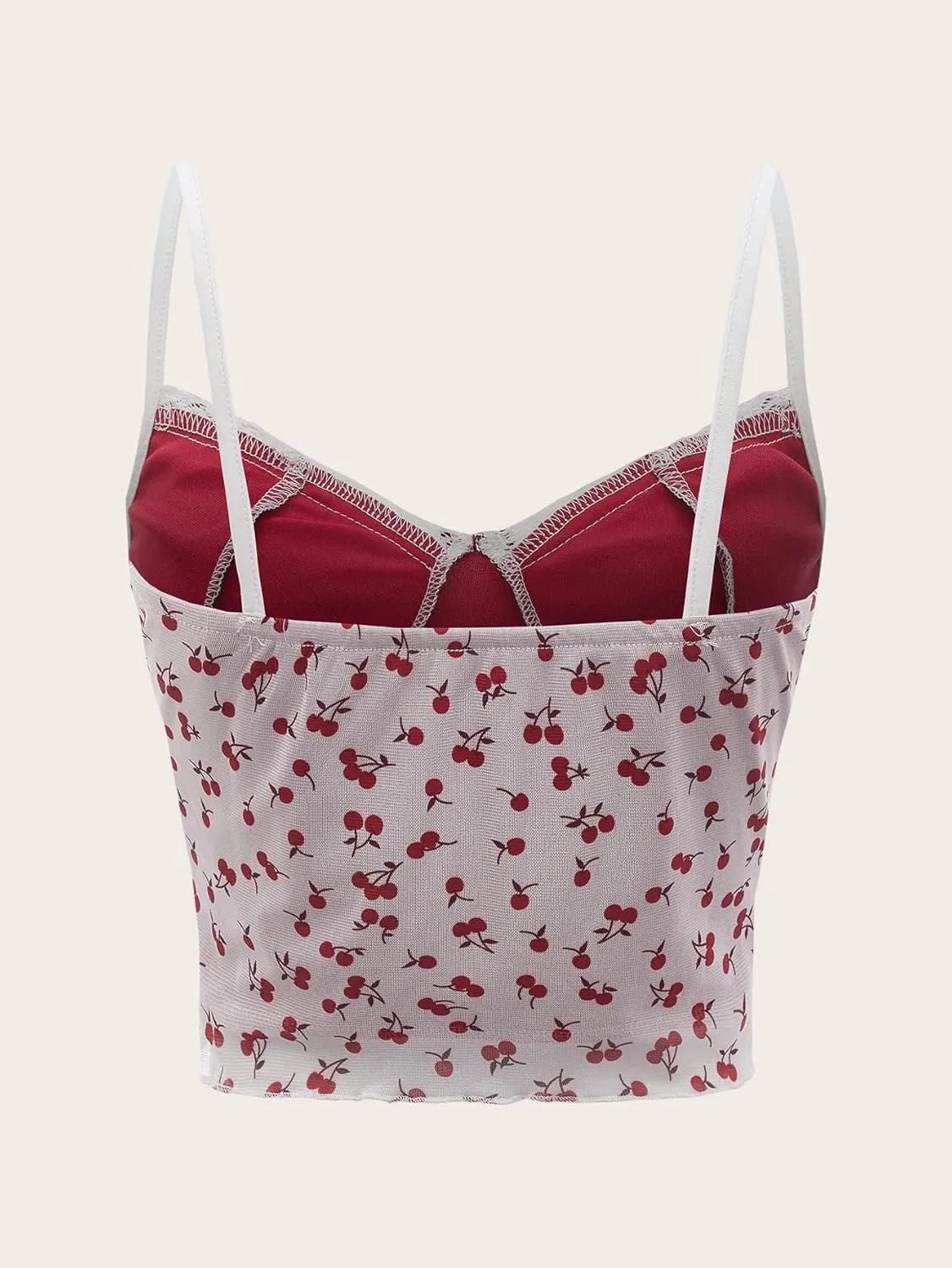 SOLY HUX Women's Cherry Print V Neck Summer Cami Top Bow Lace Trim Sleeveless Summer Crop Tops