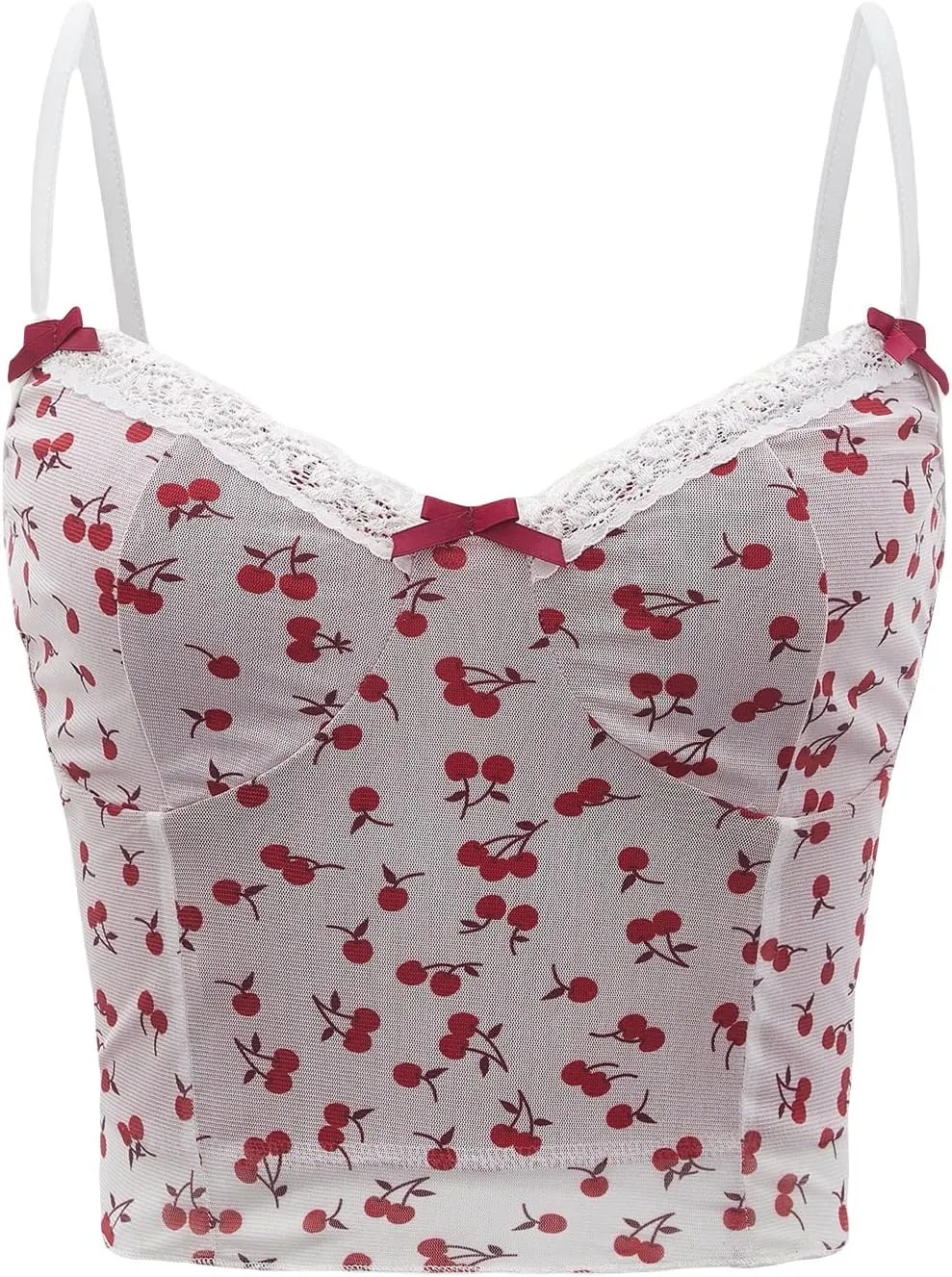 SOLY HUX Women's Cherry Print V Neck Summer Cami Top Bow Lace Trim Sleeveless Summer Crop Tops