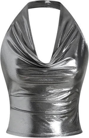 SOLY HUX Women's Halter Crop Tops Y2k Metallic Cowl Neck Open Back Concert Going Out Top Streetwear