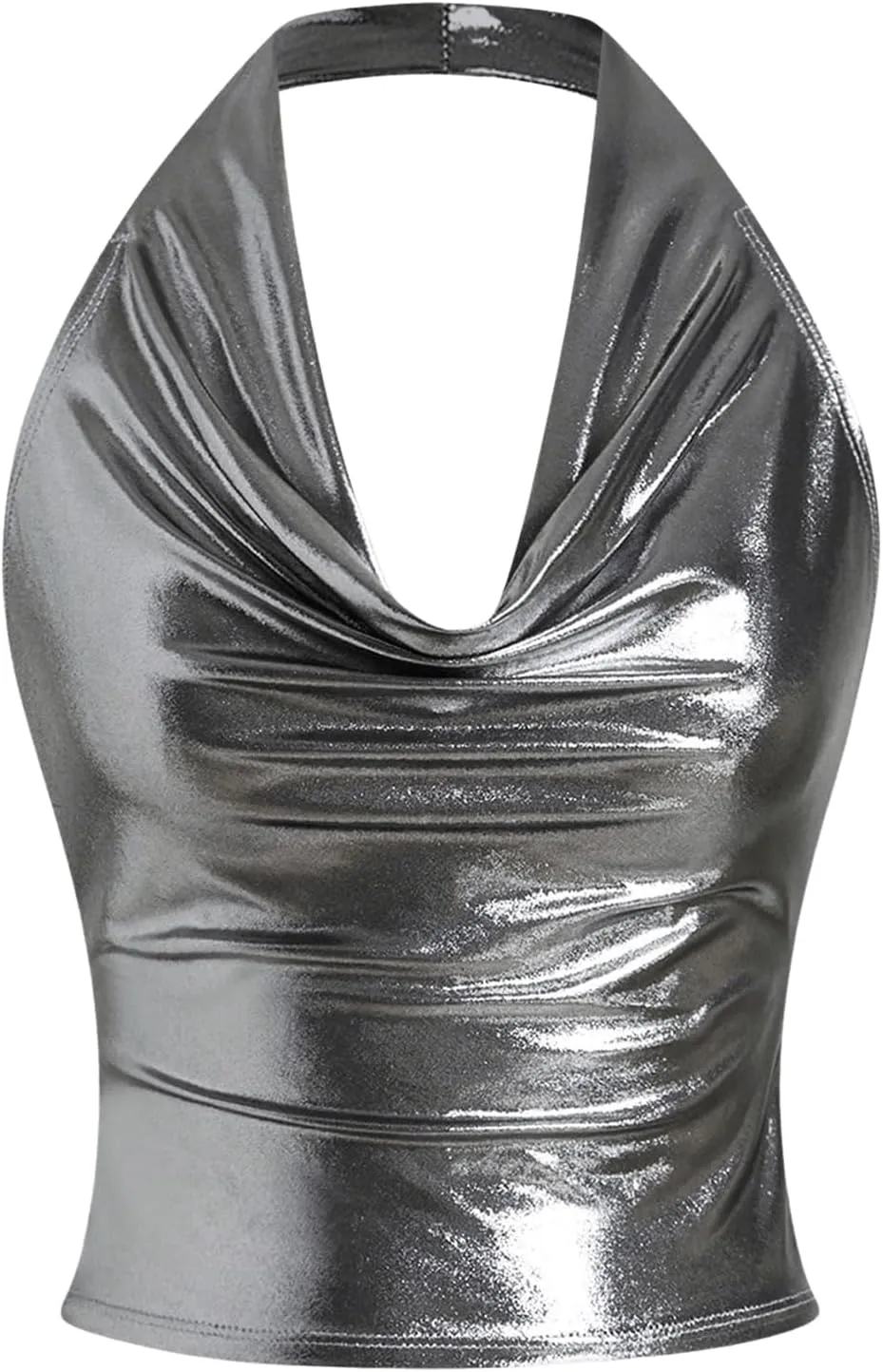 SOLY HUX Women's Halter Crop Tops Y2k Metallic Cowl Neck Open Back Concert Going Out Top Streetwear
