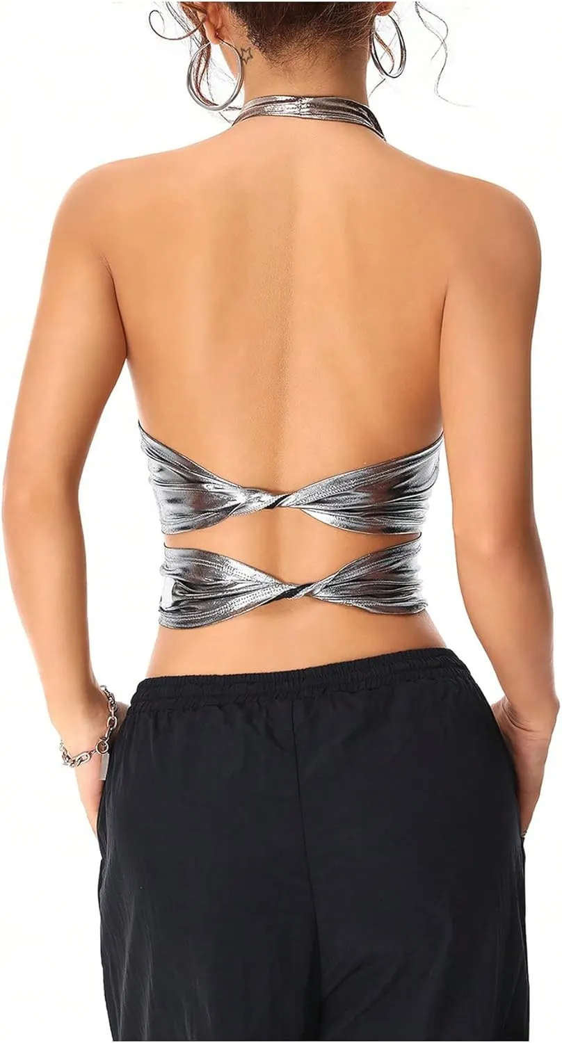 SOLY HUX Women's Halter Crop Tops Y2k Metallic Cowl Neck Open Back Concert Going Out Top Streetwear