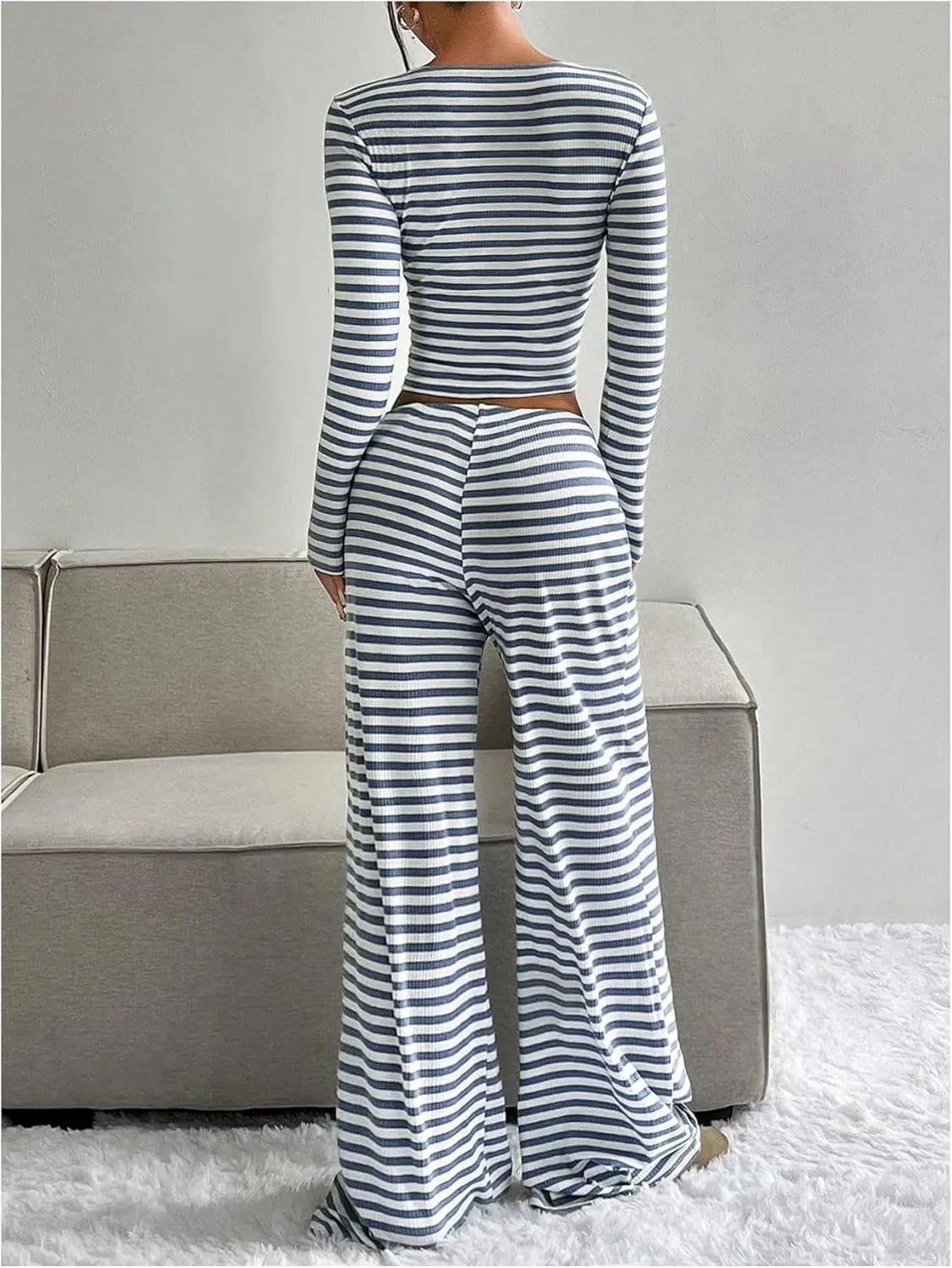 SOLY HUX Women's Striped 2 Piece Outfits Square Neck Long Sleeve Crop Tops and Wide Leg Pants Matching Sets